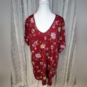Acting Pro Burgundy Floral V-Neck Tie Sleeve Blouse